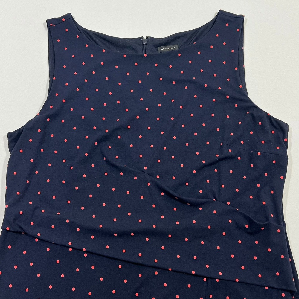 Ann Taylor Dress 14 Navy Blue Pink Polka Dot Faux Wrap Sheath Lined Career Work - Picture 10 of 12
